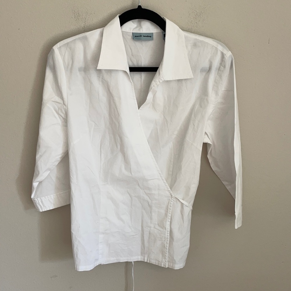 Marsh Landing White Collared Blouse Tunic Shirt Tie Back